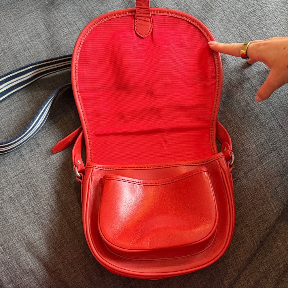 Rugby Ralph Lauren Leather Red Saddle Bag with Blue and White Striped Strap - Picture 6 of 10